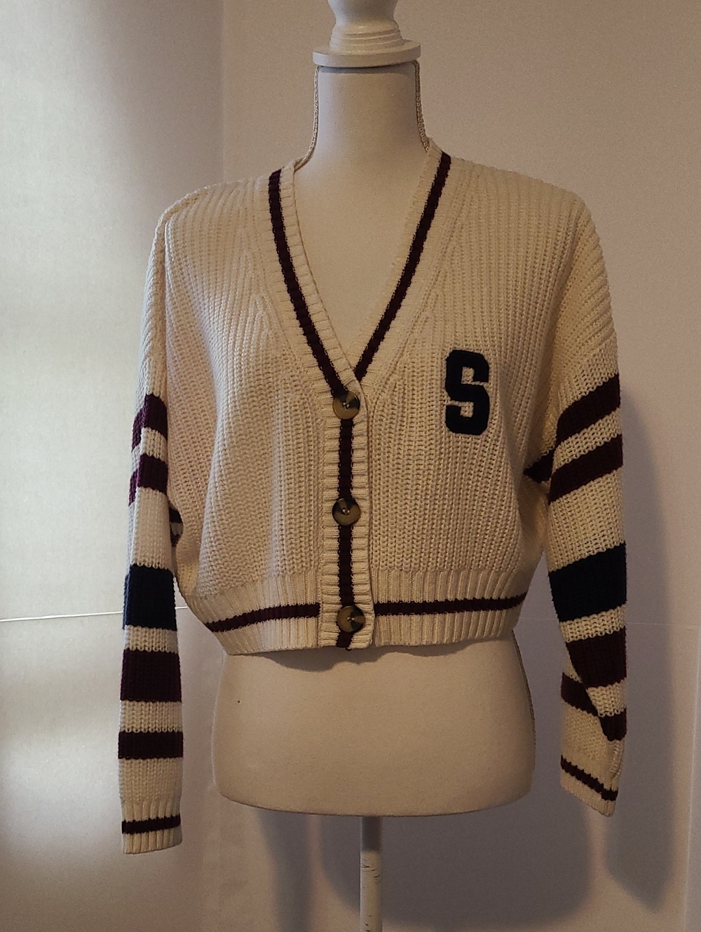 STREETWEAR SOCIETY IVORY/BURGUNDY/NAVY STRIPED CROPPED BUTTON-UP-PREPPY- MEDIUM